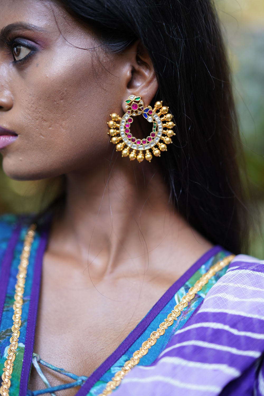 Gold plated Kundan Chandbaali Embellished with pink & green stones - House of Blouse