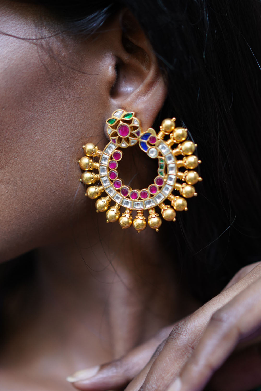 Gold plated Kundan Chandbaali Embellished with pink & green stones - House of Blouse