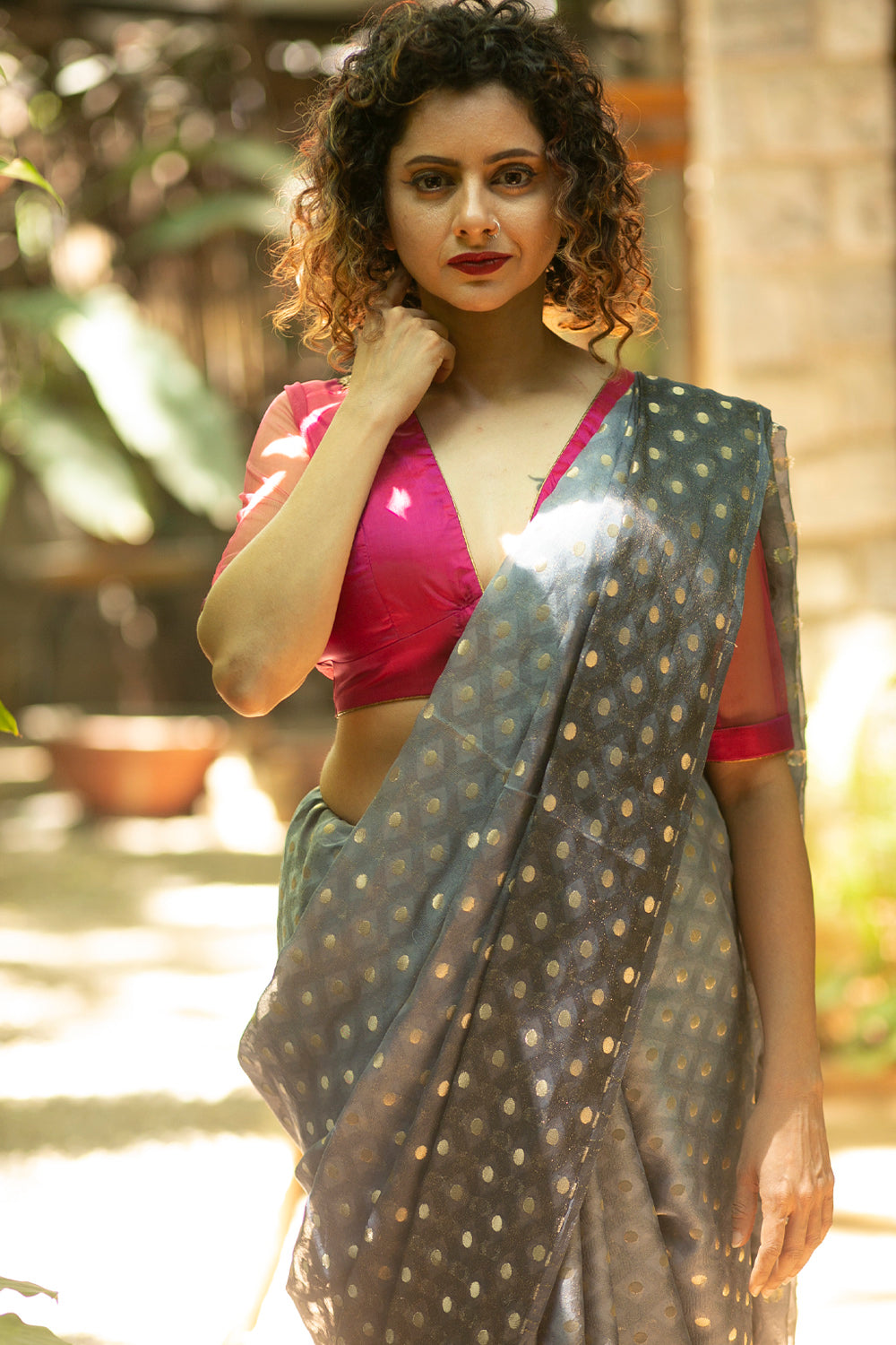 Grey ombre shaded shimmer georgette saree with zari buttis and pearl and gold bead edging - House of Blouse