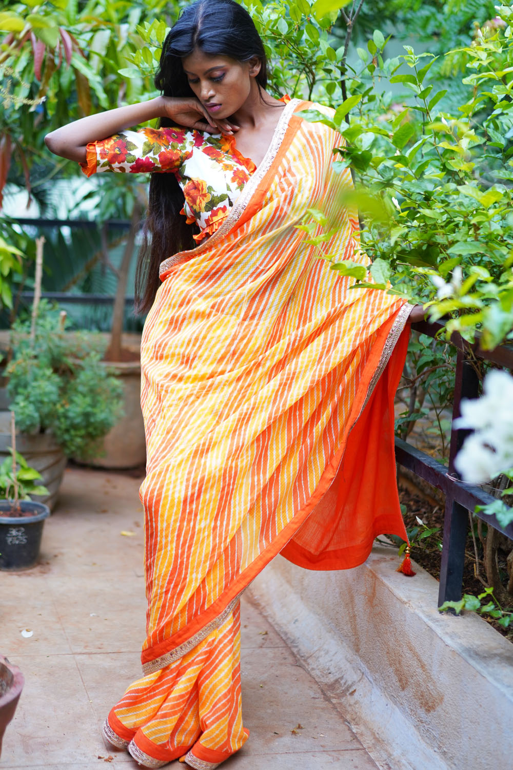 Orange yellow handloom & hand dyed leheriya saree with gold sequin border - House of Blouse