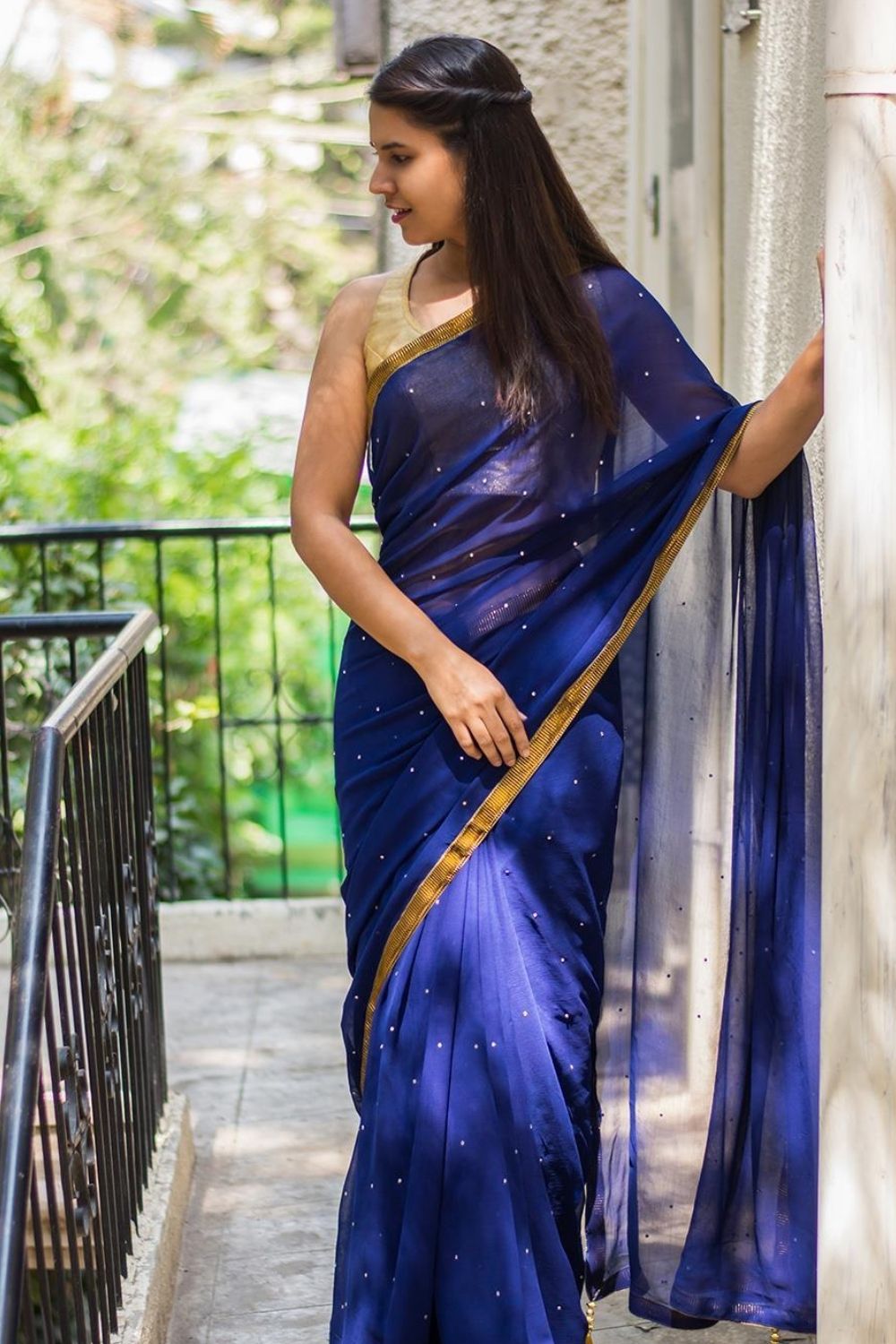 Royal blue georgette saree with stone work