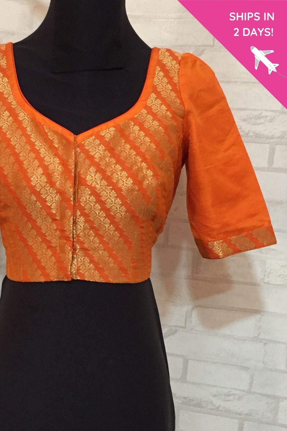 Orange brocade with raw silk sleeves swt heart neck blouse : size - 40
