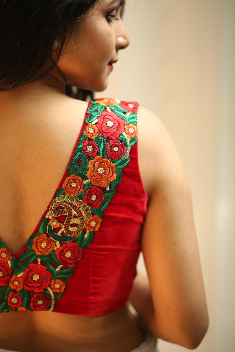 Red velvet V neck blouse with multi colour floral border