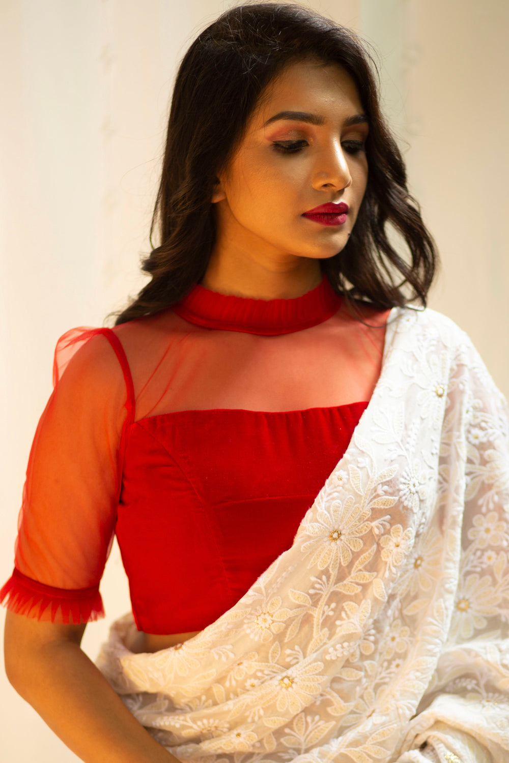 Red velvet and net sheer yoke blouse with frill detailing