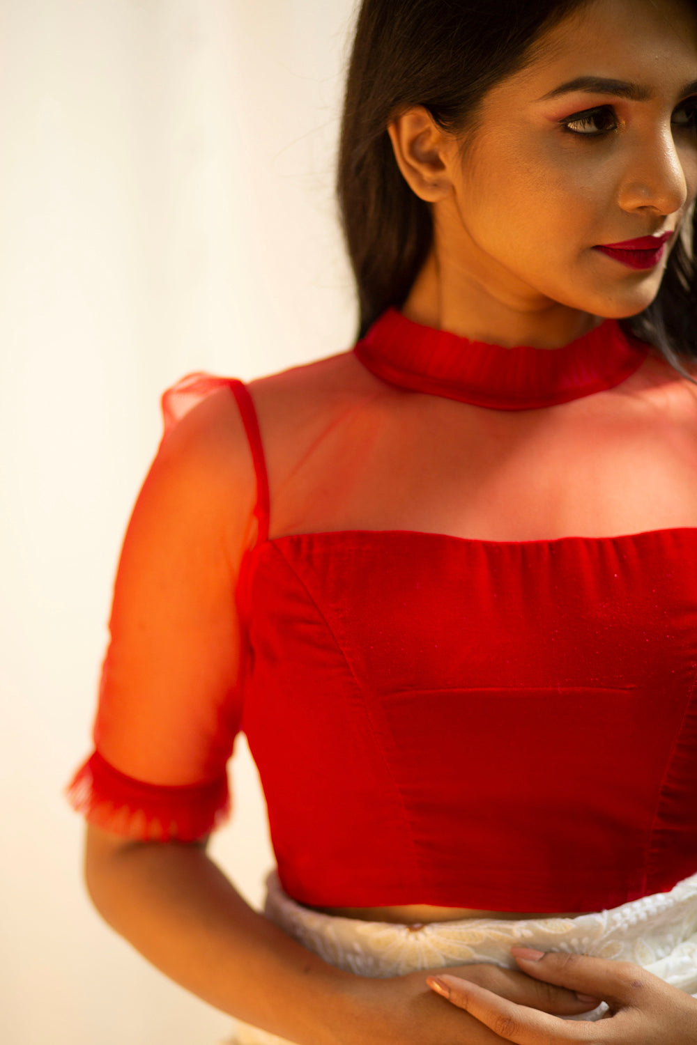 Red velvet and net sheer yoke blouse with frill detailing