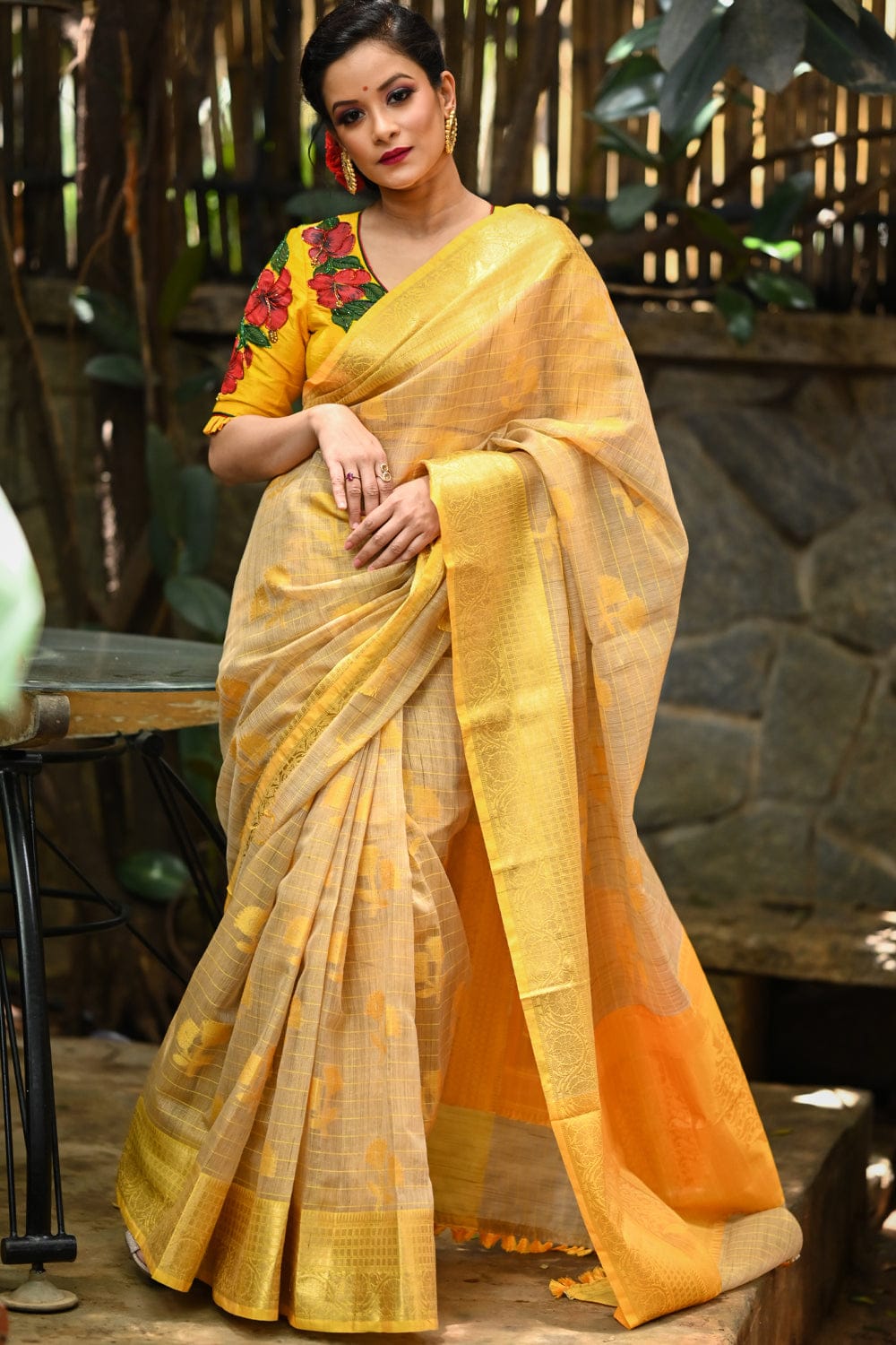 Golden beige narayanpet cotton saree with pineapple yellow border