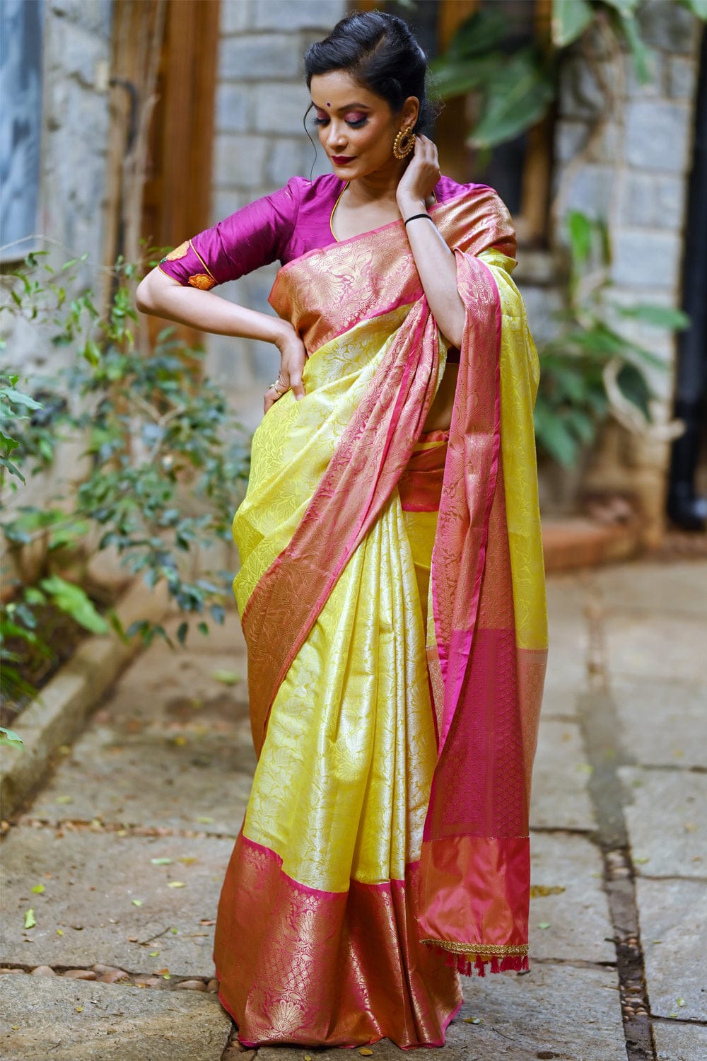 Lemon yellow banarasi floral design with strawberry pink brocade border