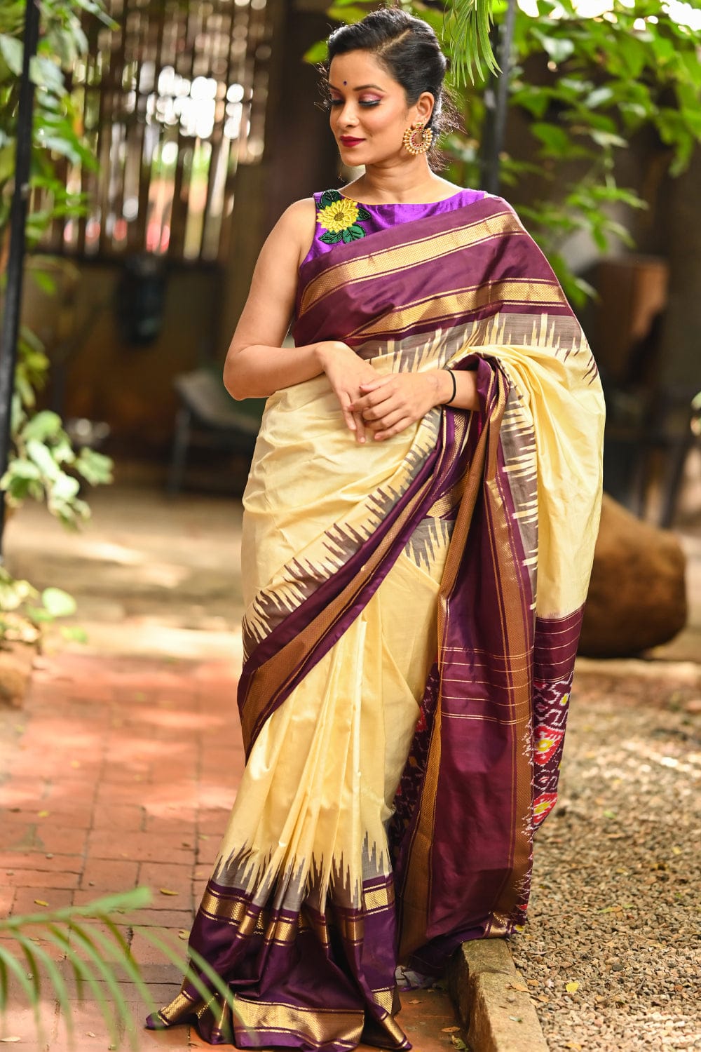 Buff colour pochampally pure silk saree with grape and ikat pallu