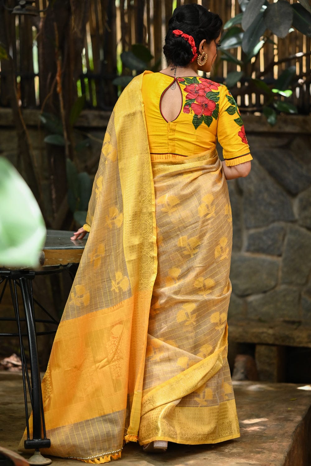 Golden beige narayanpet cotton saree with pineapple yellow border