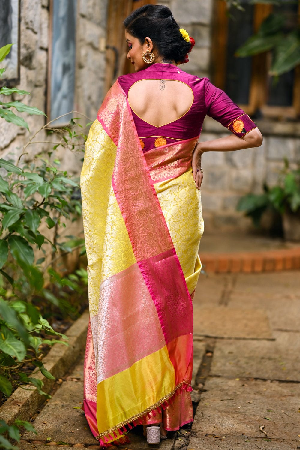 Lemon yellow banarasi floral design with strawberry pink brocade border