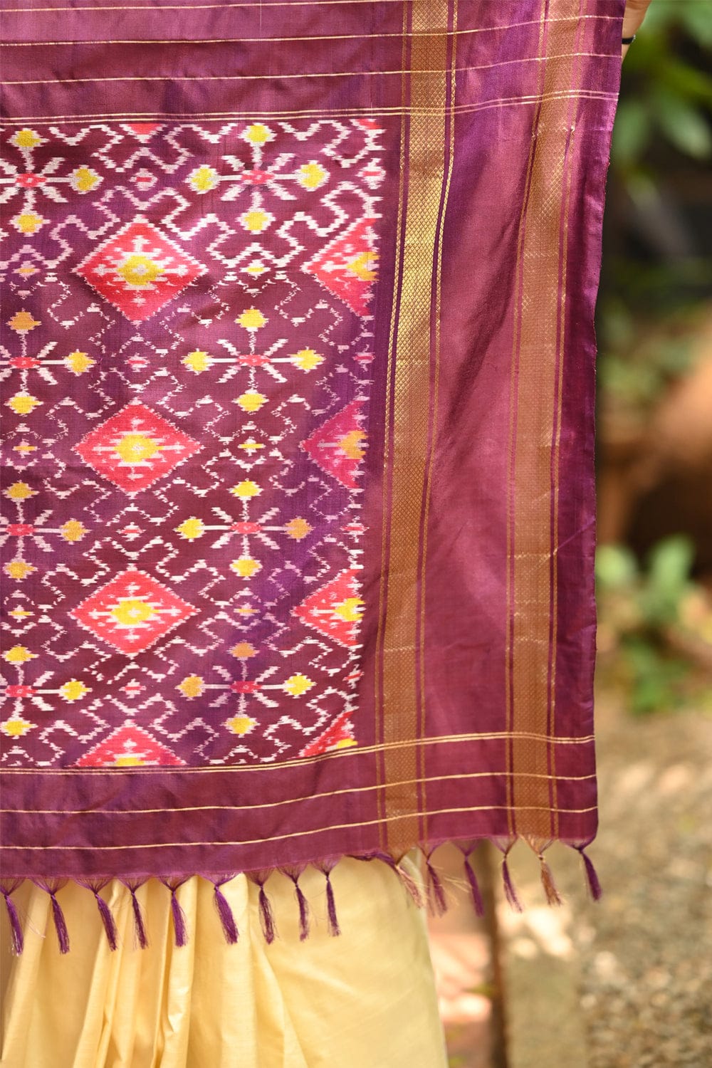 Buff colour pochampally pure silk saree with grape and ikat pallu