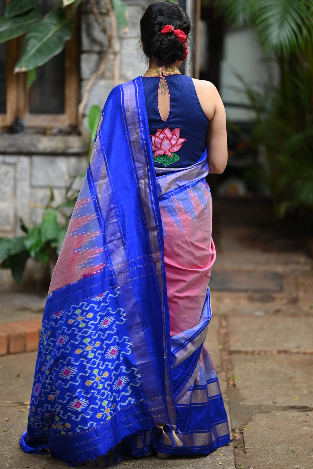 Rose pink pochampally pure silk saree with azure blue border with ikat pallu