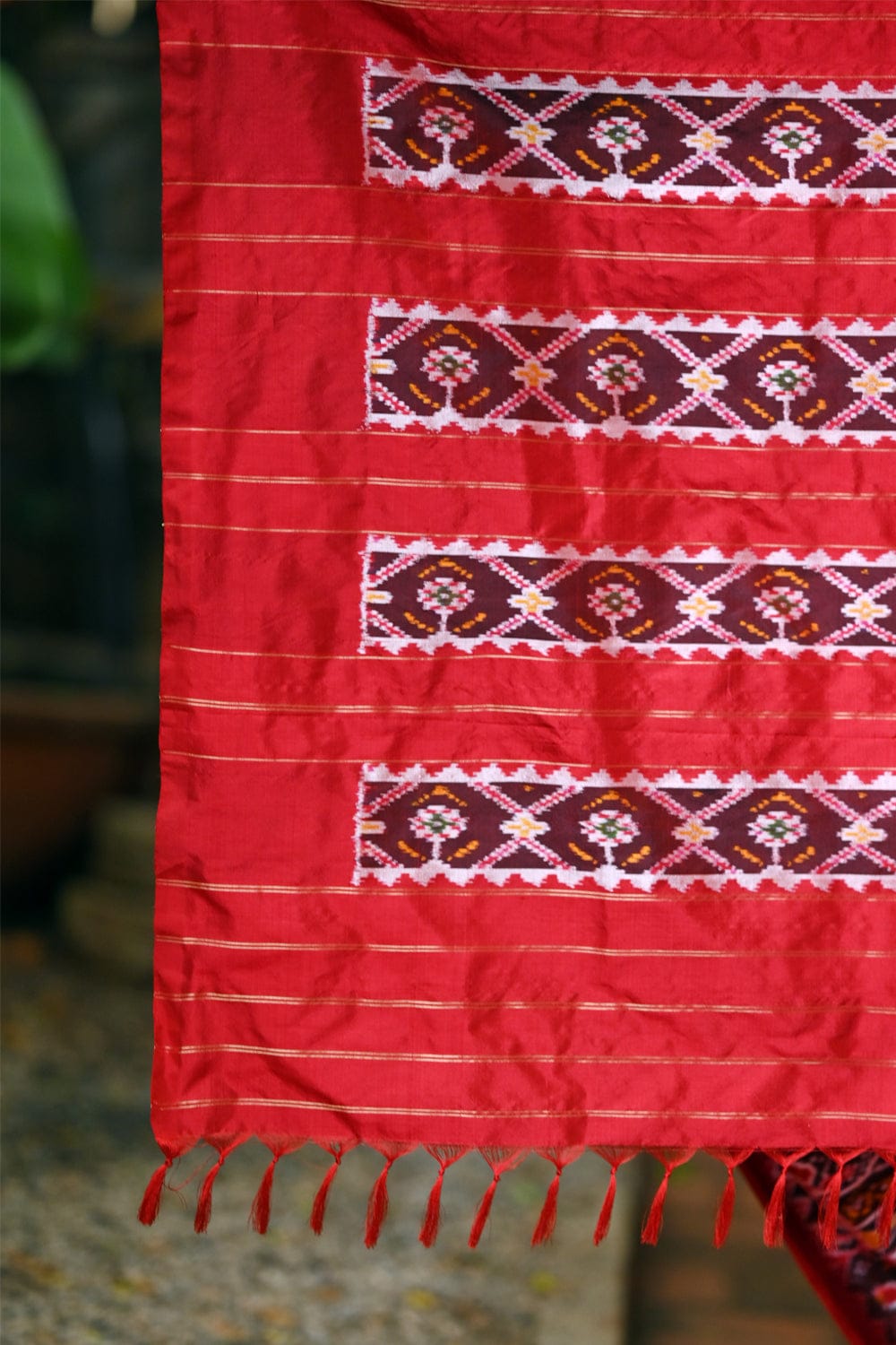 Tart red pochampally silk saree with ikat pallu