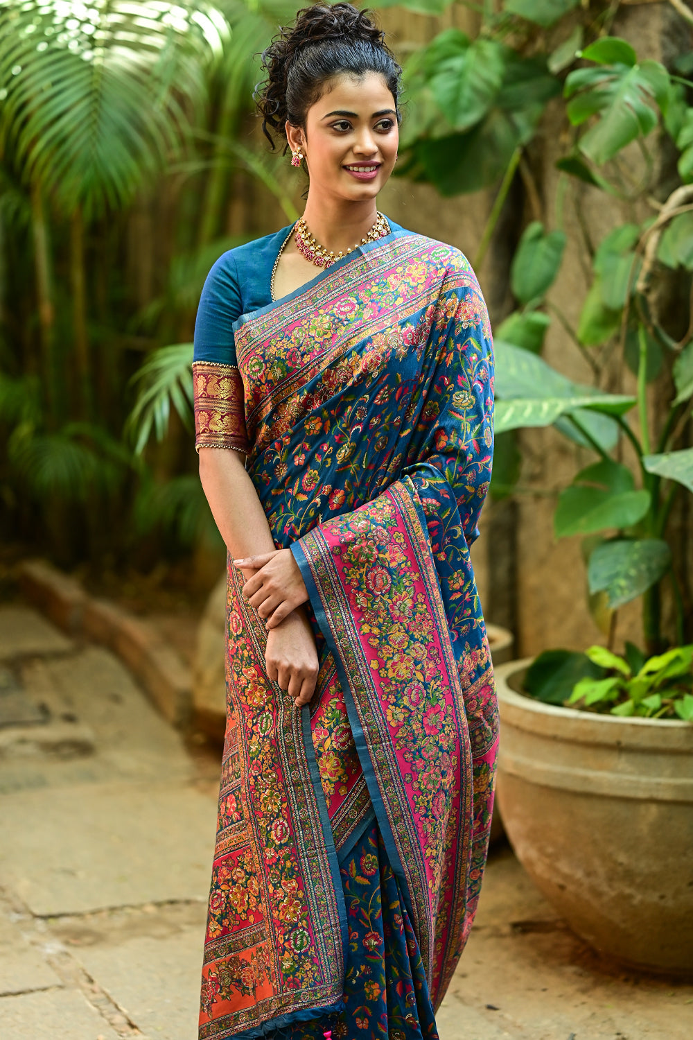 Kani Design with Floral Jaal in blue sapphire and Pink Rayon Saree: PRE-ORDER