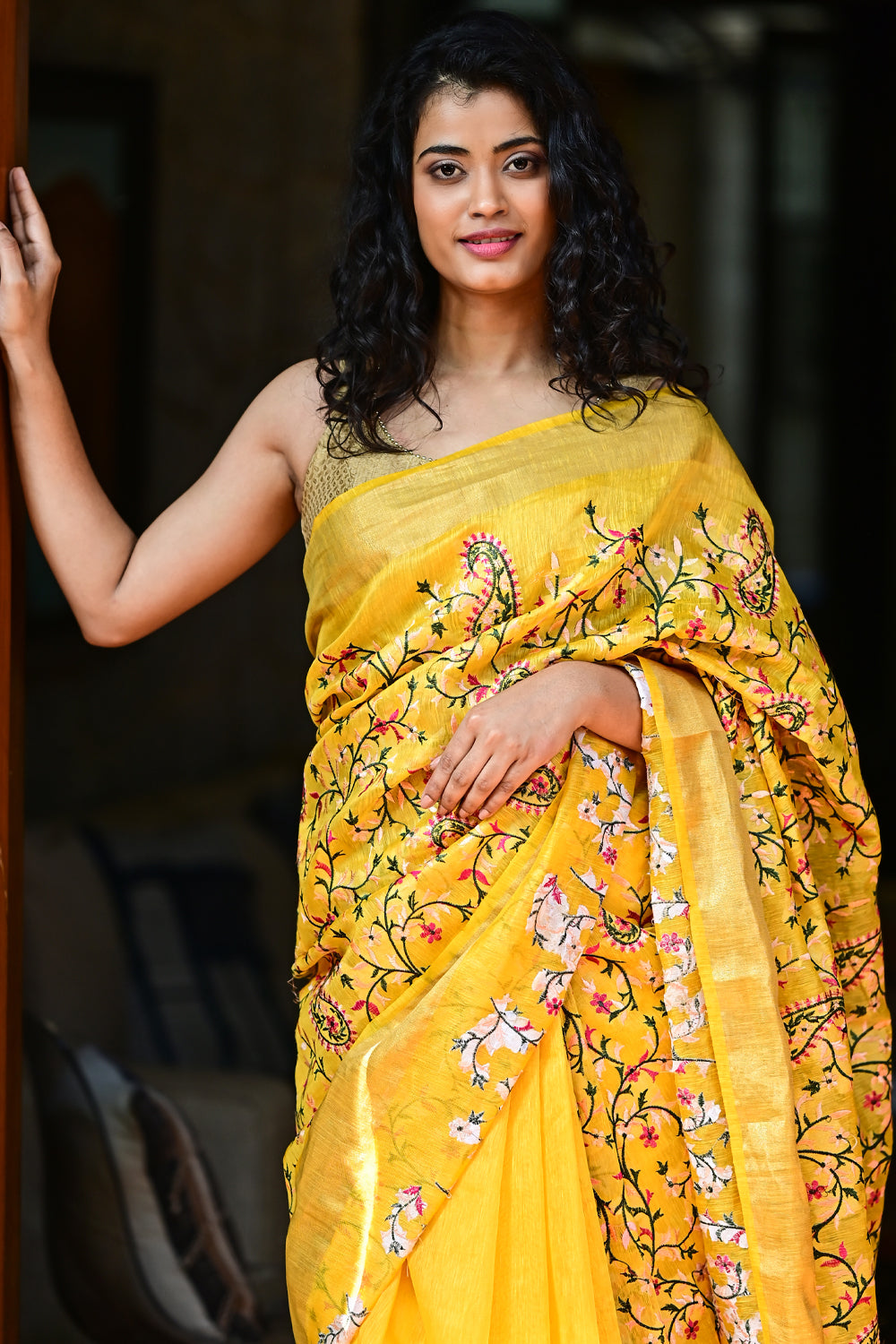 Silk Linen Saree in Yellow with Floral Jaal Embroidery : PRE-ORDER