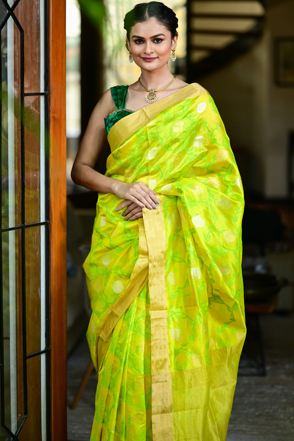 Yellow Pure Chanderi Silk Handwoven Saree with Green all over Meenakari Jaal