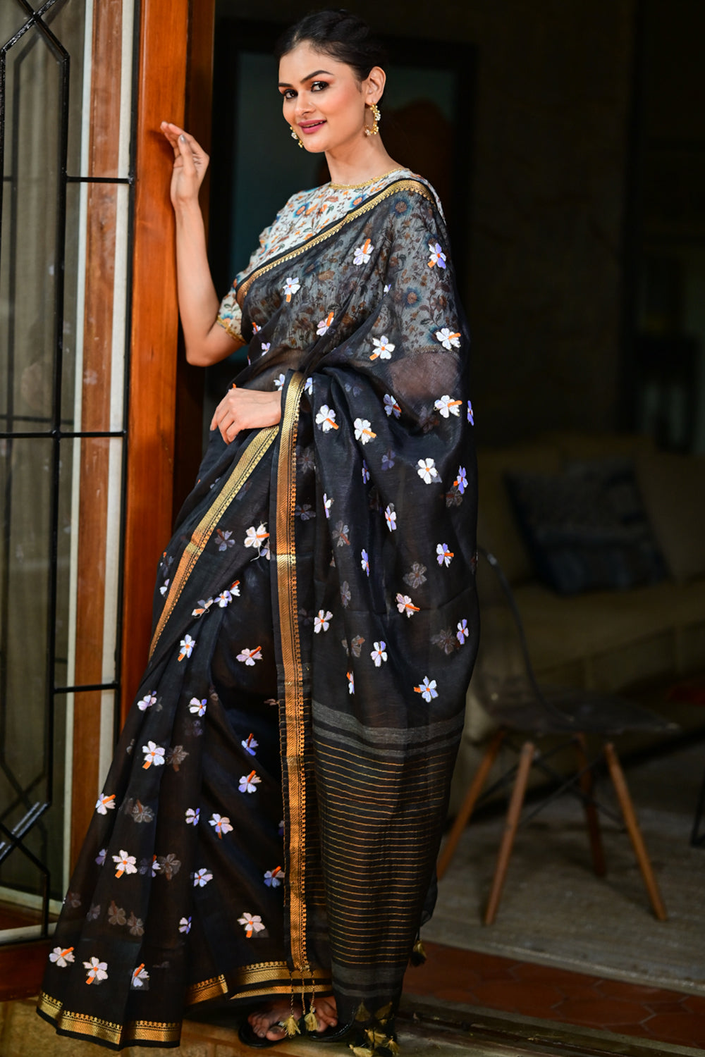 Black Silk Linen Saree with embroidered parijat flowers