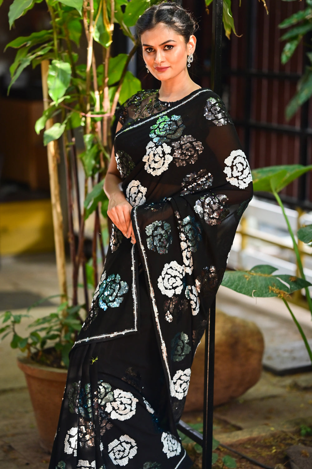 Georgette Saree with Rose Sequin work in Black