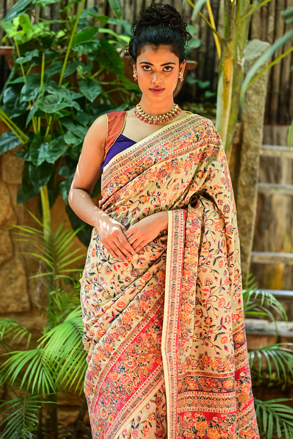 Kani Design with Floral Jaal in Beige and Red Rayon Saree: PRE-ORDER