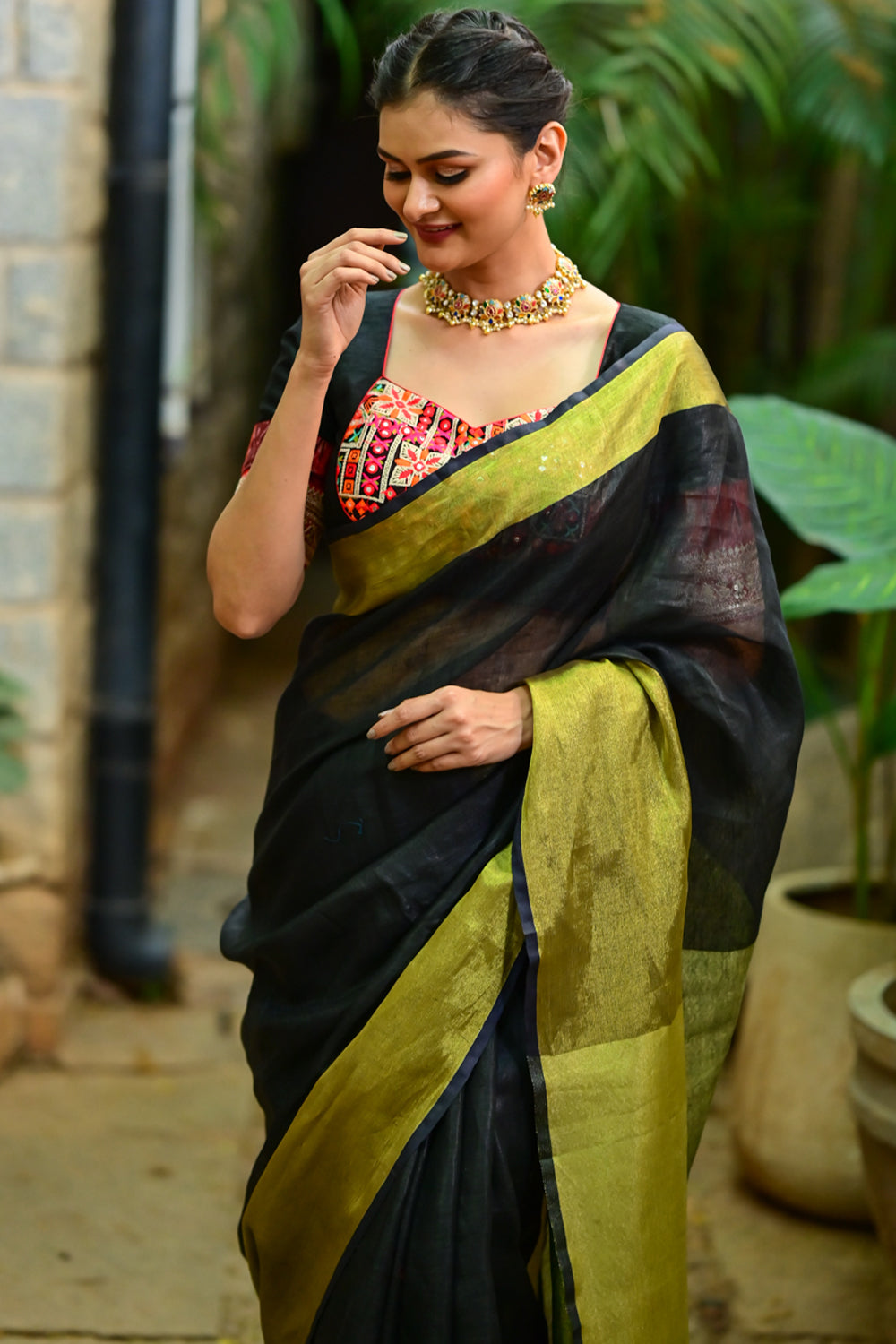 Wide Antique Golden Border Linen by Linen Saree in Black