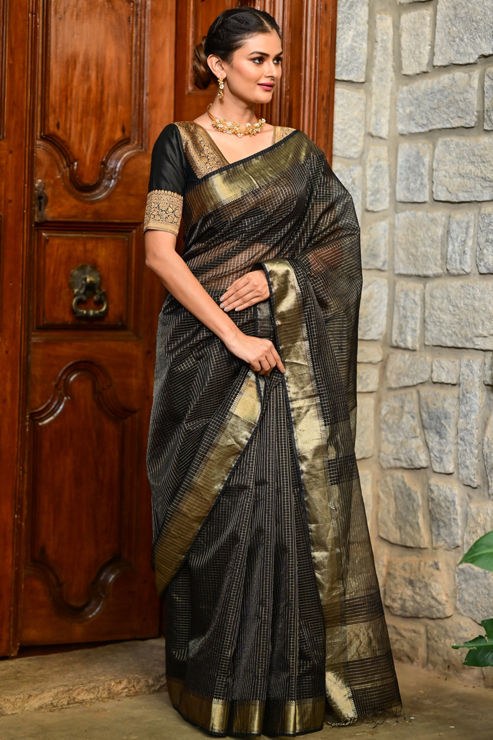 Black Pure Maheshwari Silk Cotton Handwoven saree with Zari checks