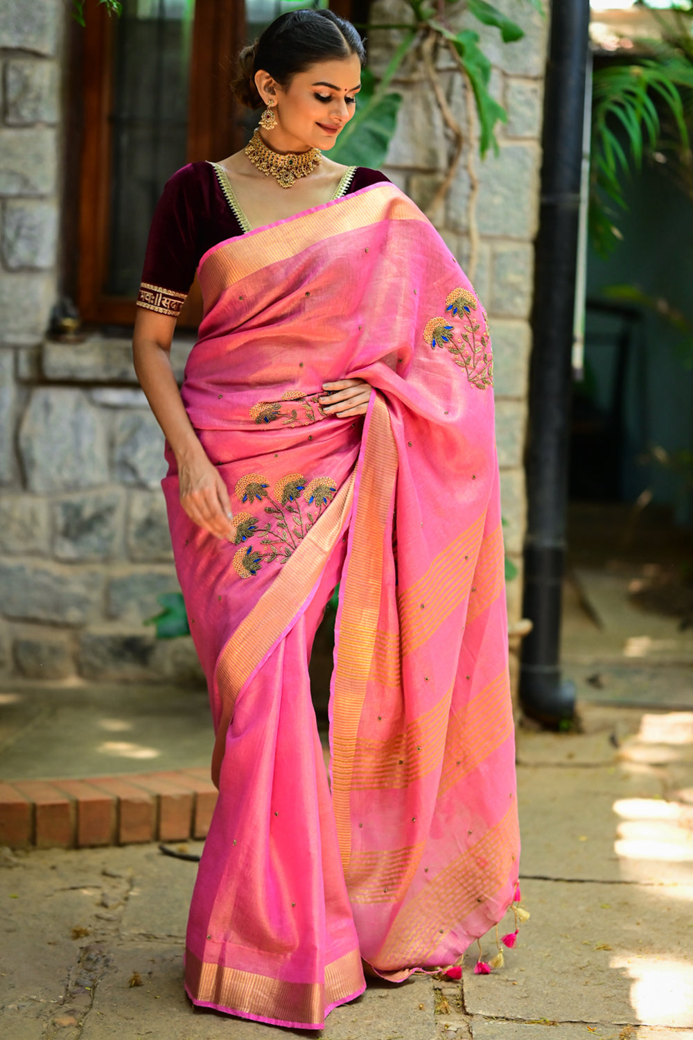 Bead and embroidery handwork on Tissue Linen Saree in Pink and Gold Tissue
