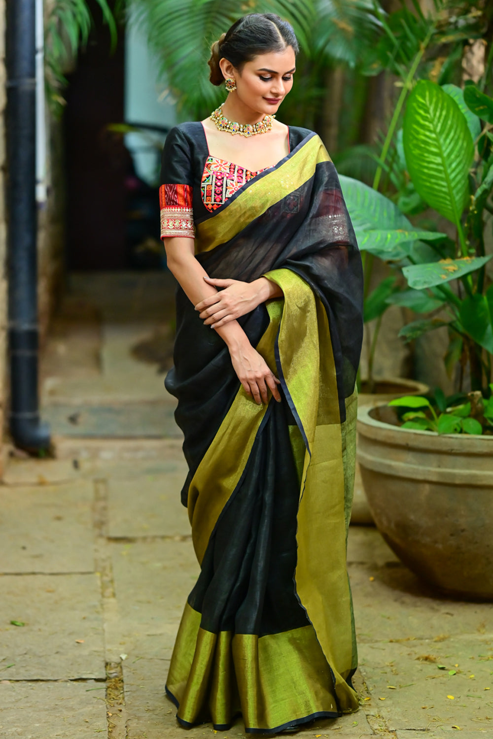 Wide Antique Golden Border Linen by Linen Saree in Black