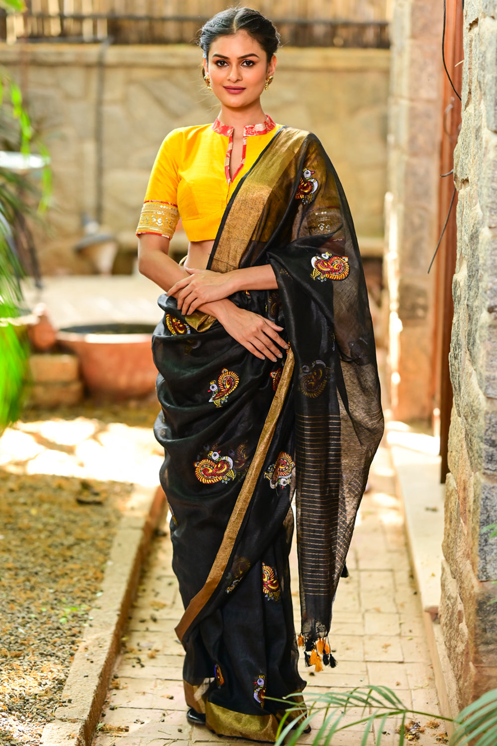 Black Linen Saree with  embroidered Annapakshi