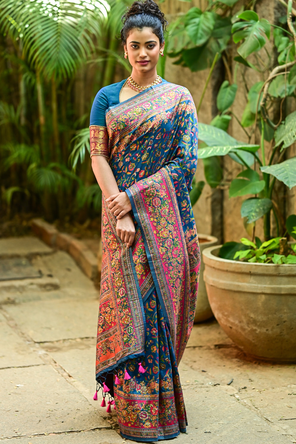 Kani Design with Floral Jaal in blue sapphire and Pink Rayon Saree: PRE-ORDER