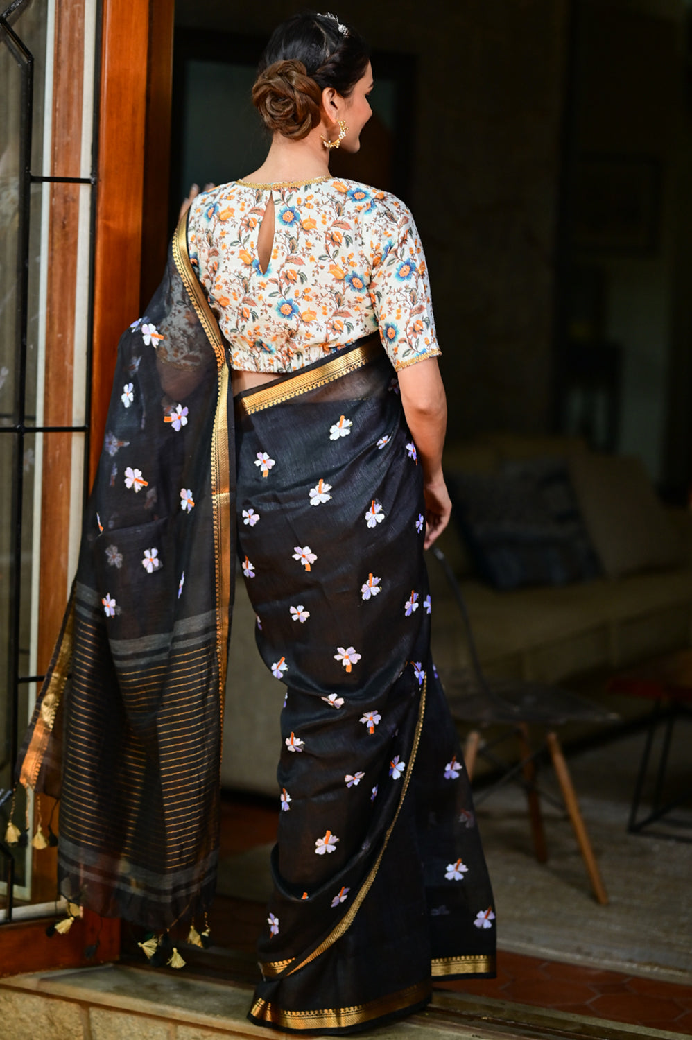 Black Silk Linen Saree with embroidered parijat flowers