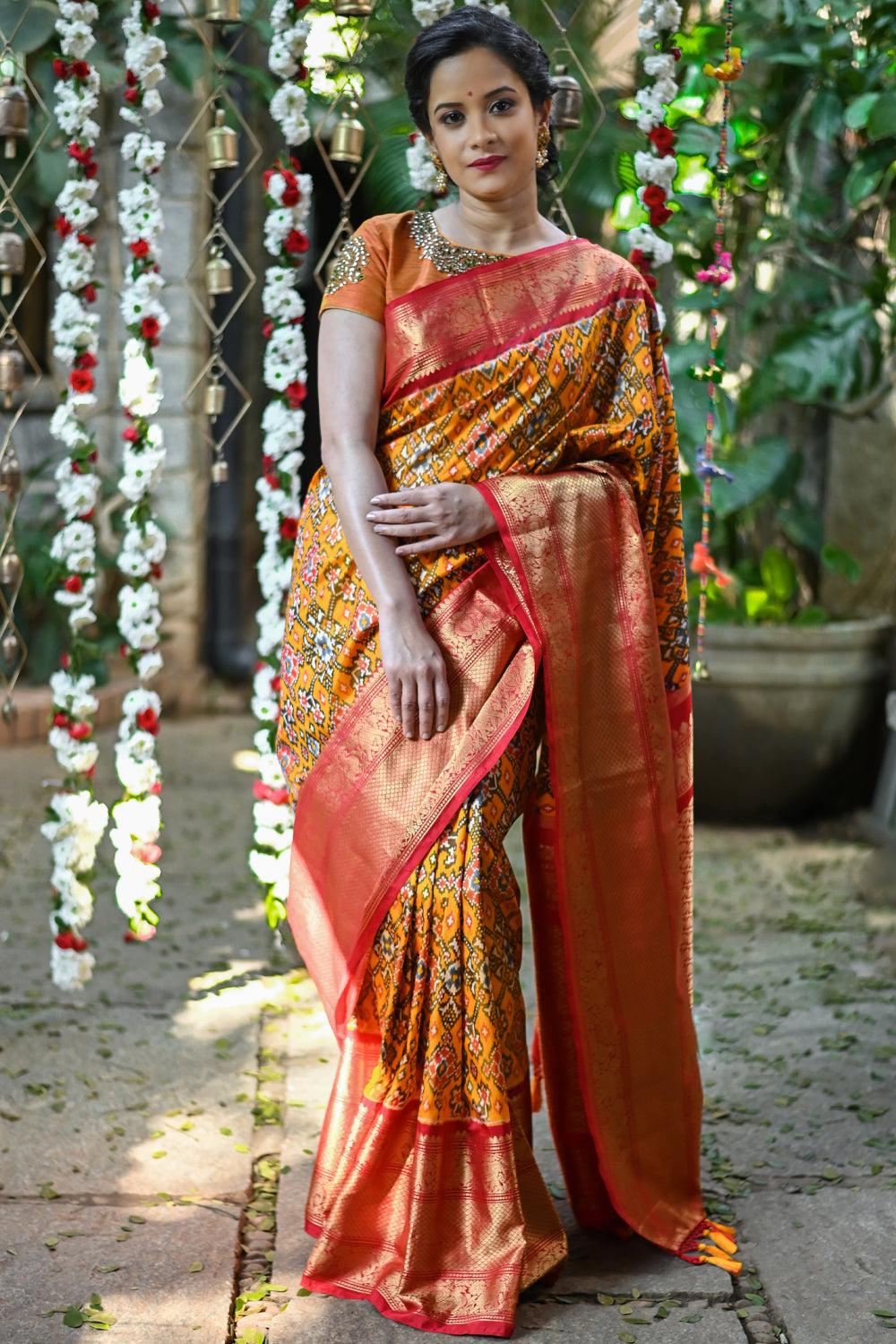 Exquisite Ikkat Patola and Kanjivaram Pure Silk Fusion Saree in Mustard and Red I SILK MARK CERTIFIED