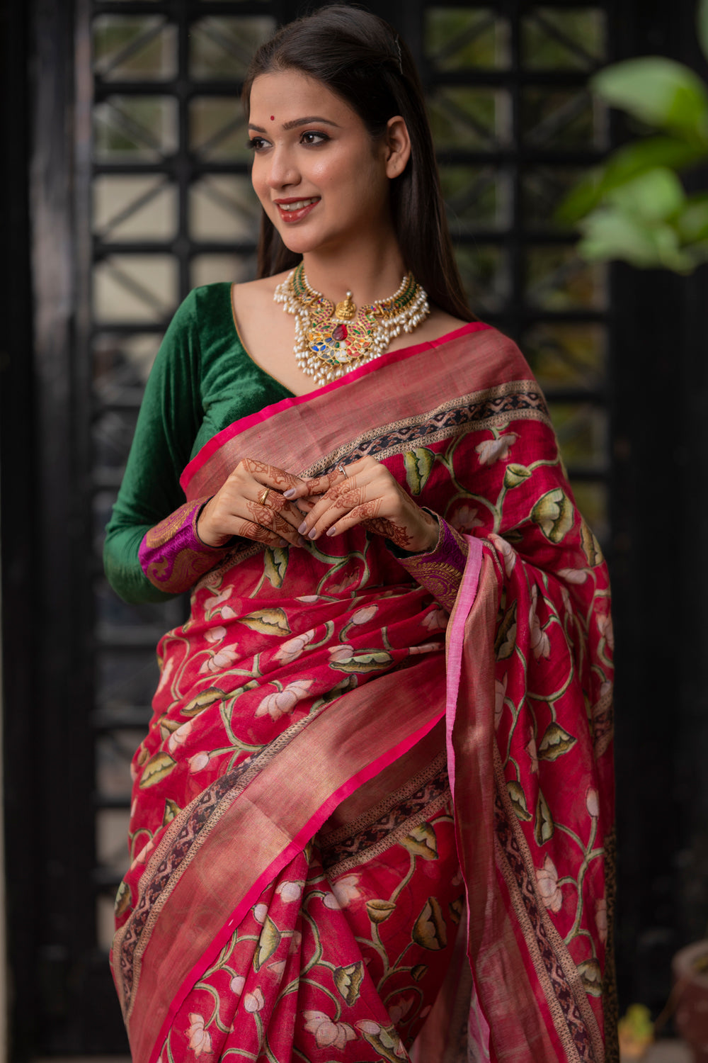 Dark Pink Linen Saree with Pichwai Design Digital Print