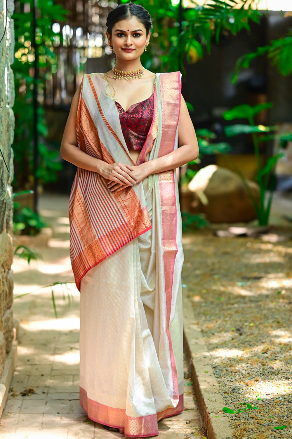 Tissue Stripes on Silk-Cotton Pure Maheshwari Saree in Off White and Soft Red