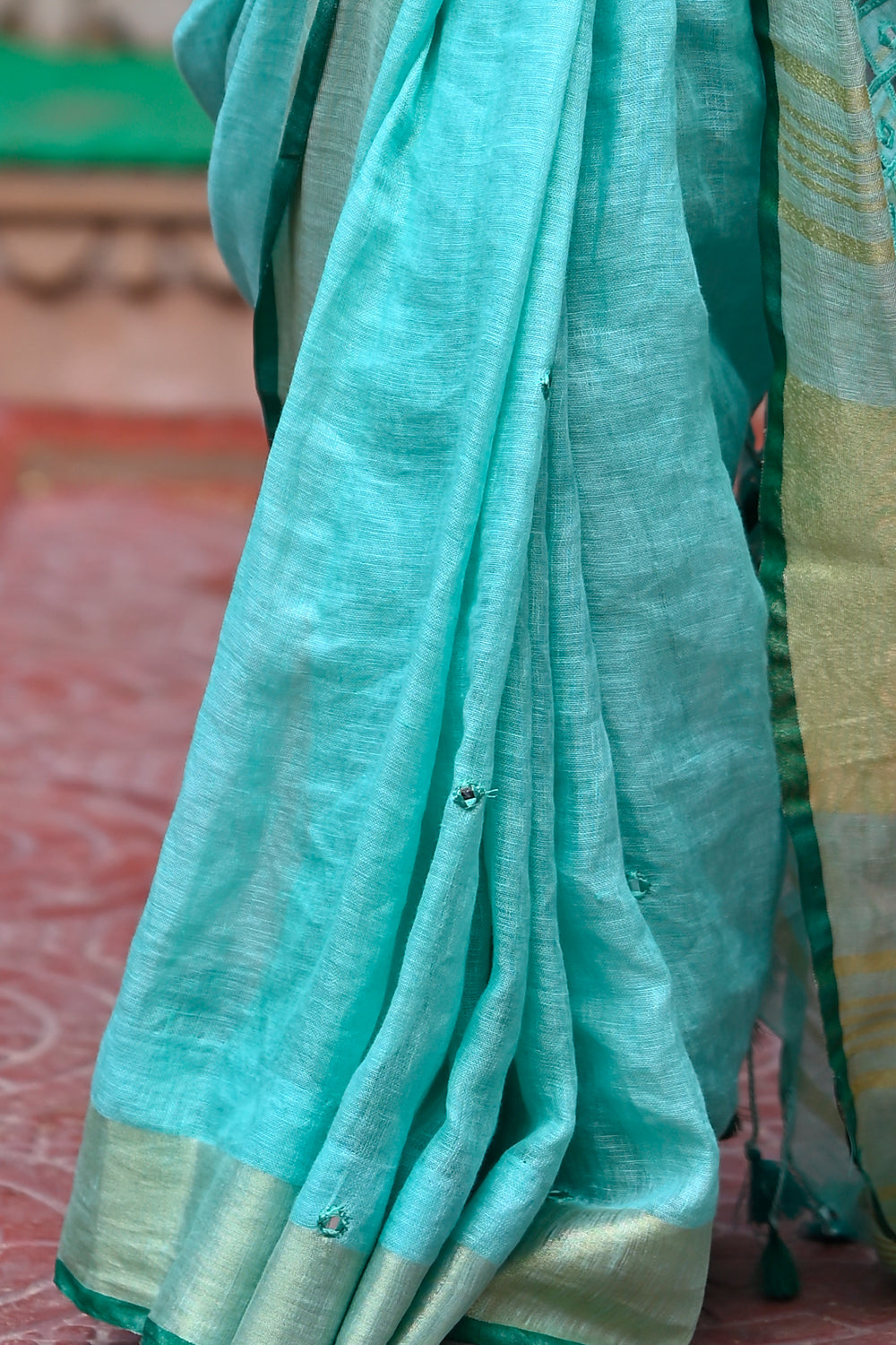 Sea Green Cutwork and Mirrorwork Saree in Linen :PREORDER