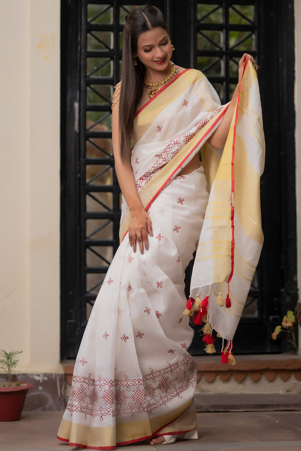 Rangoli Embroidered Border on Pure Linen Saree in White, Red and Gold