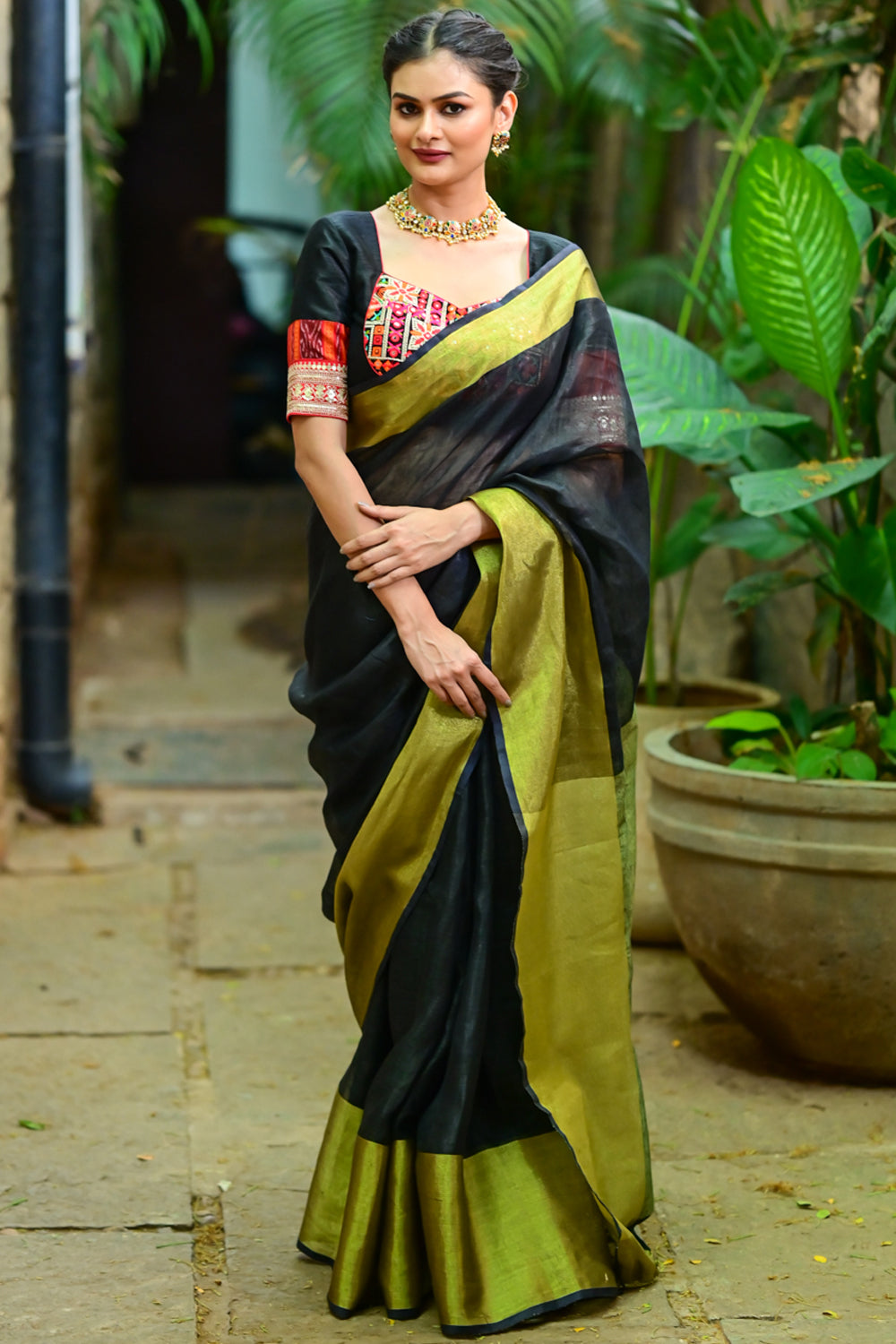 Wide Antique Golden Border Linen by Linen Saree in Black