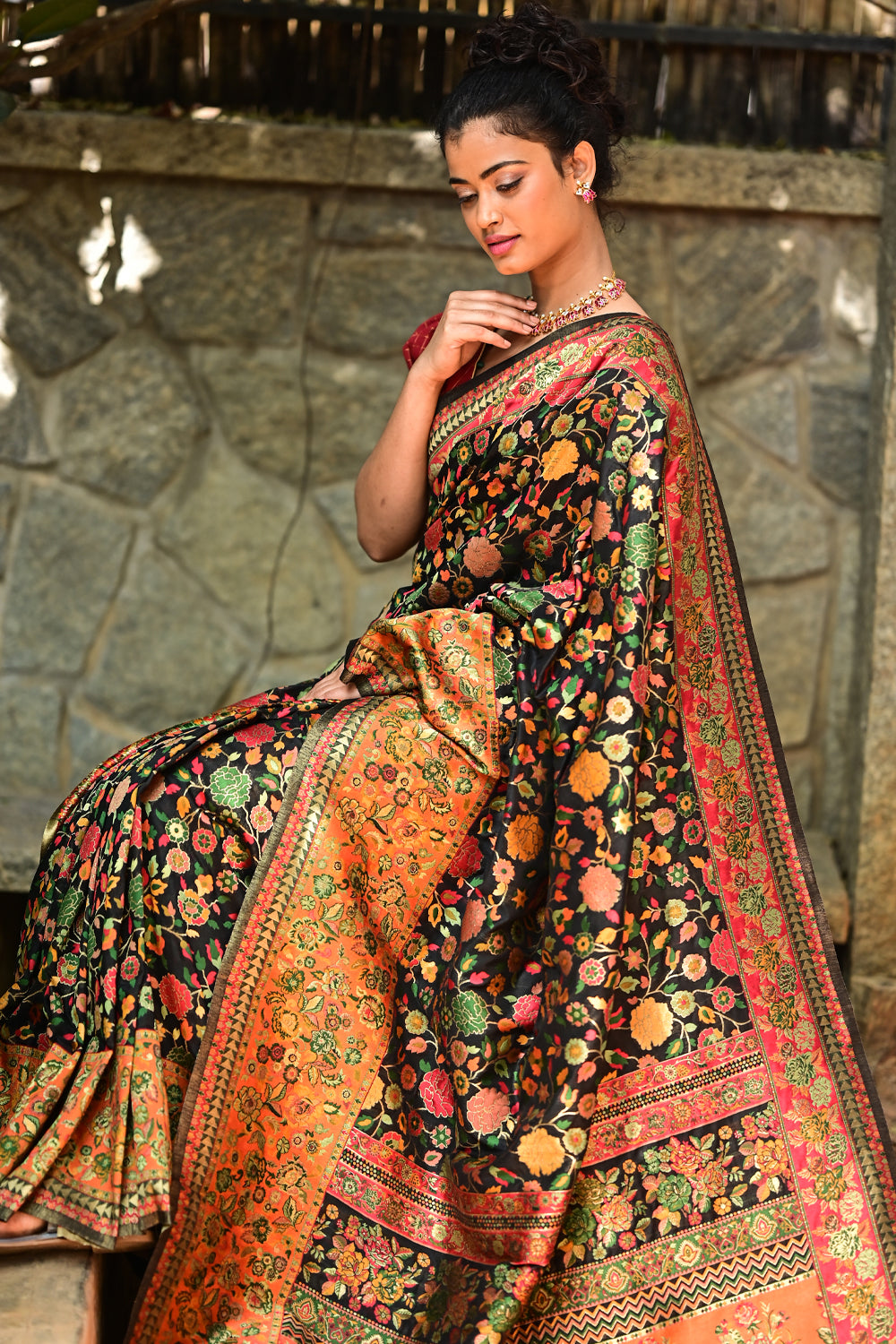 Kani Design with Floral Jaal in Black and Beige Rayon Saree