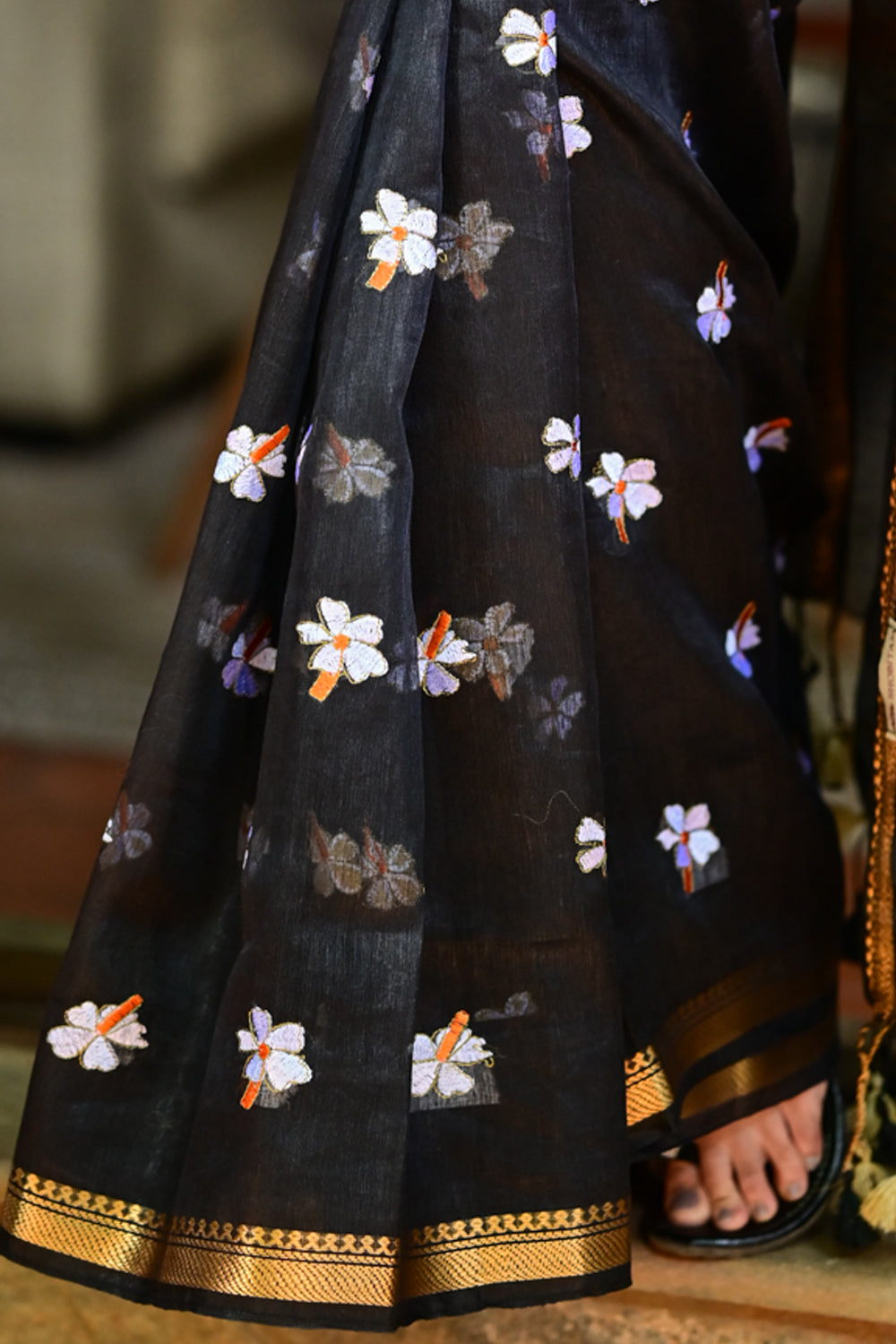 Black Silk Linen Saree with embroidered parijat flowers