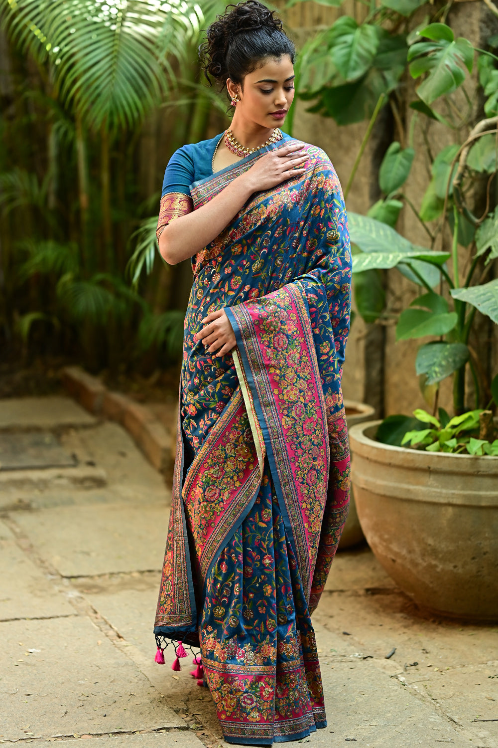 Kani Design with Floral Jaal in blue sapphire and Pink Rayon Saree: PRE-ORDER
