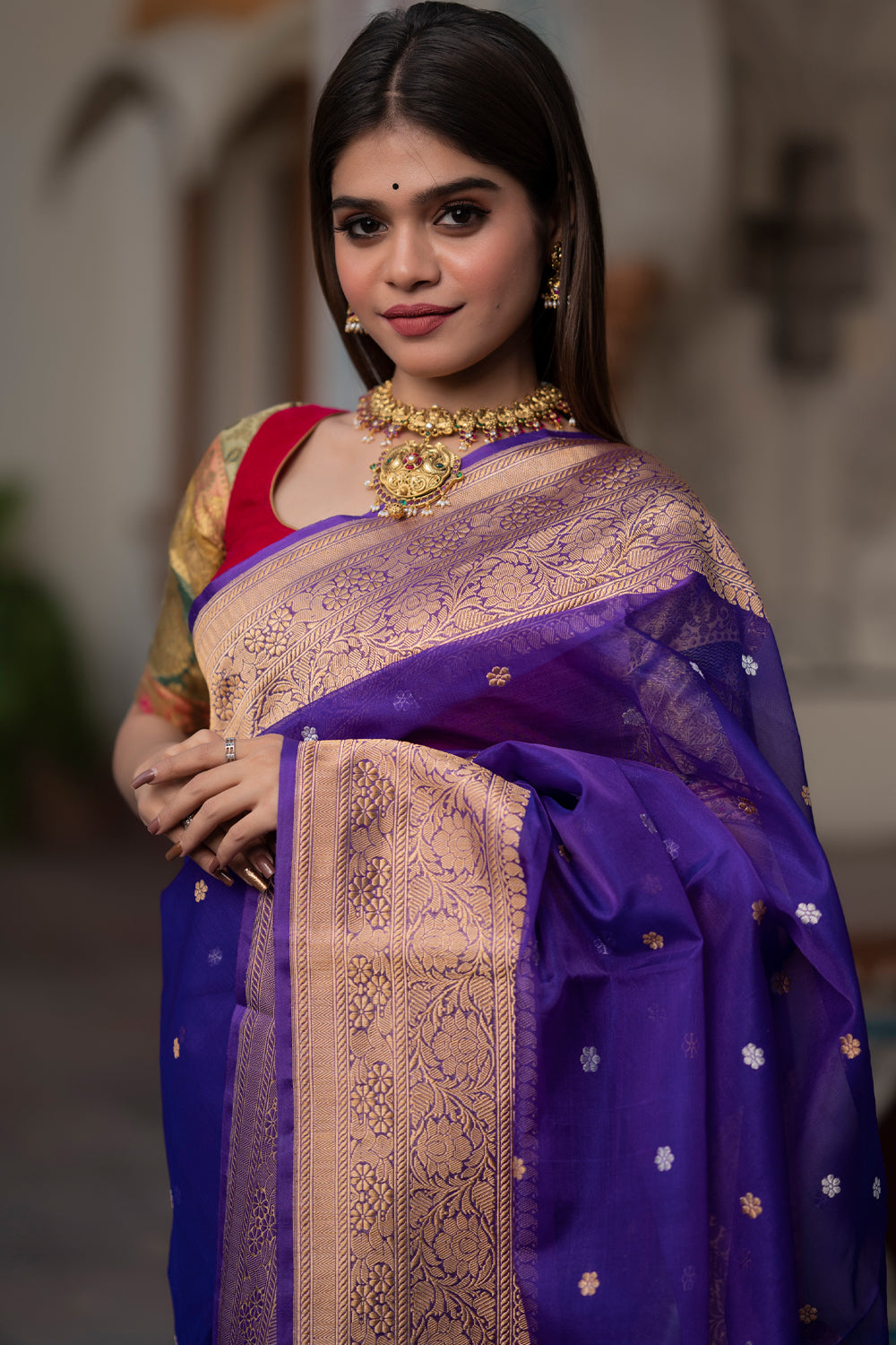 Banarasi Kora Silk Saree in Blue with Gold and Silver Tone Chunri Butis | Silk Mark Certified