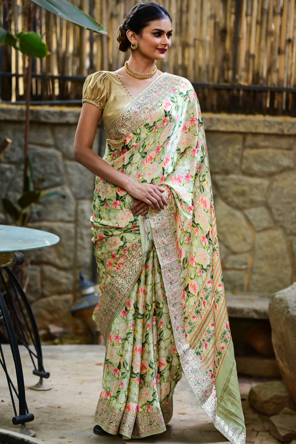 Pista Green Gajji Silk Saree with Floral Print and Gotta Patti Border