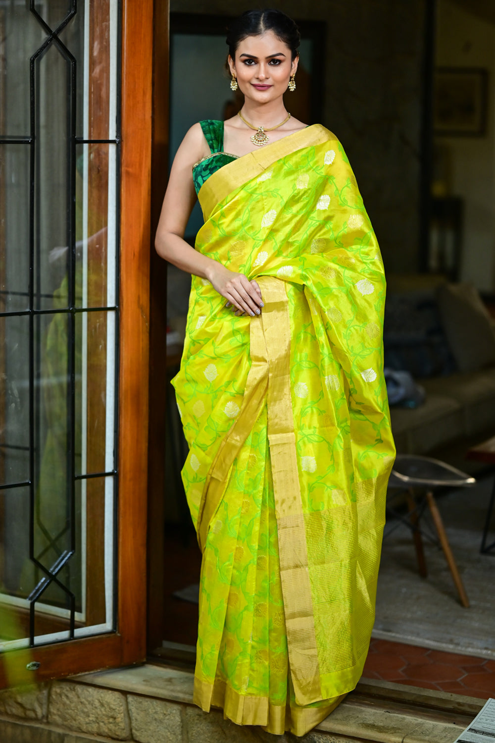 Yellow Pure Chanderi Silk Handwoven Saree with Green all over Meenakari Jaal