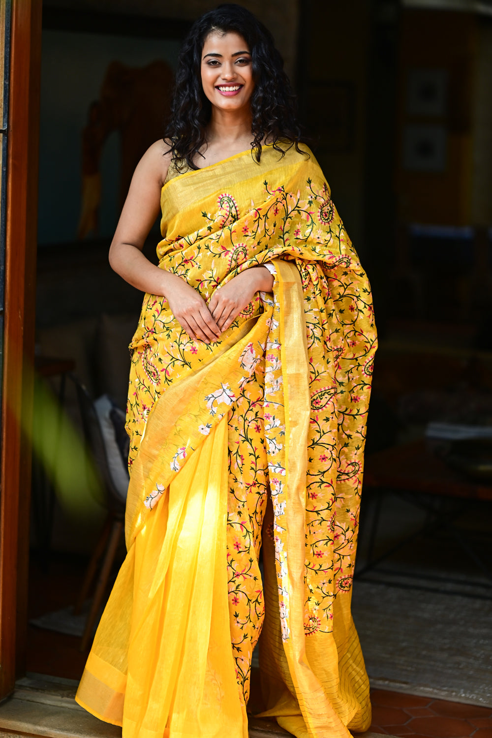 Silk Linen Saree in Yellow with Floral Jaal Embroidery : PRE-ORDER