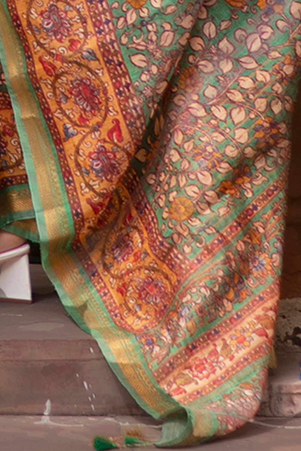 Distressed Kalamkari Digital Print on Silk Linen in Green