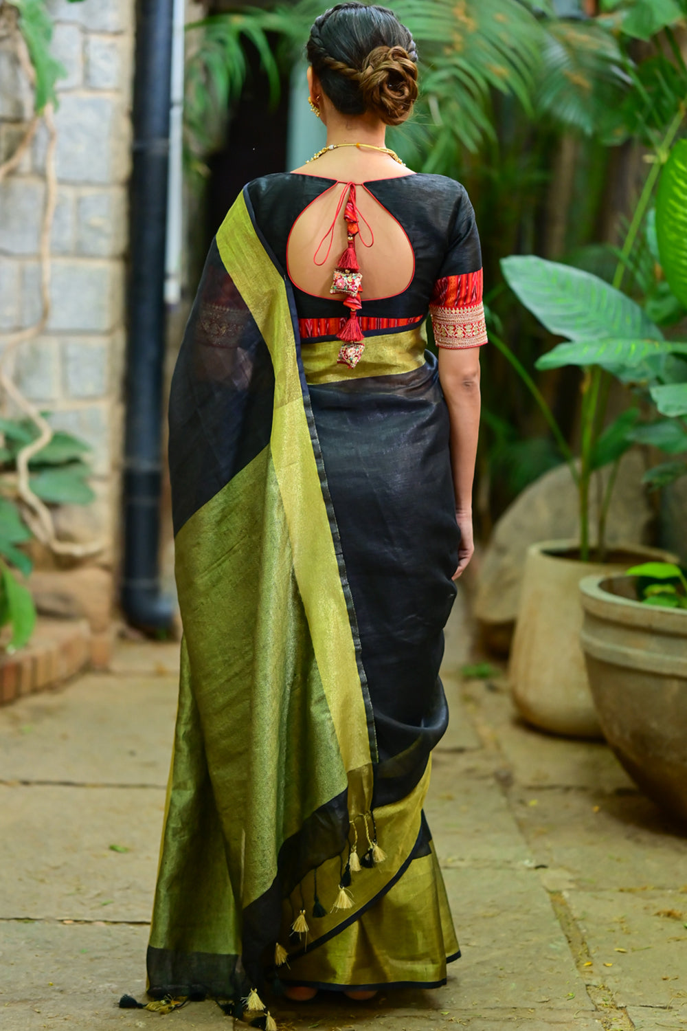 Wide Antique Golden Border Linen by Linen Saree in Black