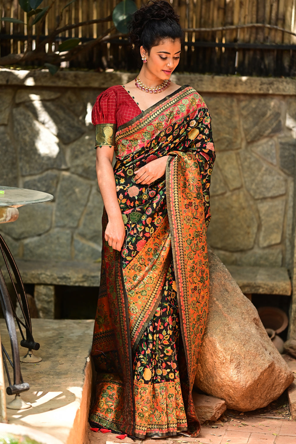 Kani Design with Floral Jaal in Black and Beige Rayon Saree