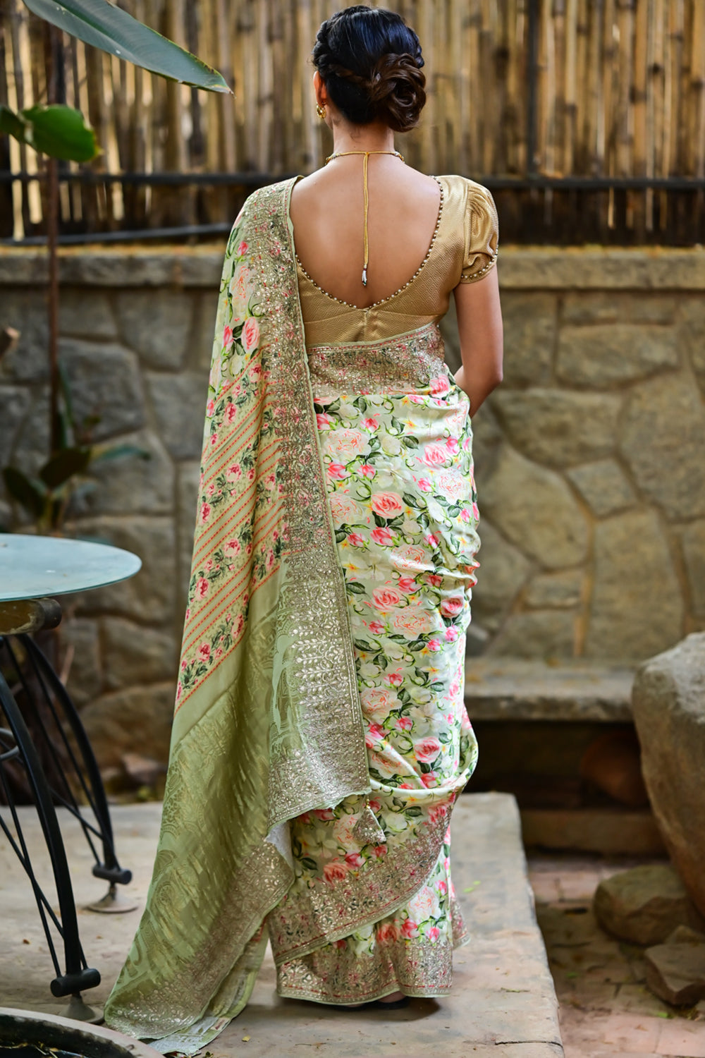 Pista Green Gajji Silk Saree with Floral Print and Gotta Patti Border