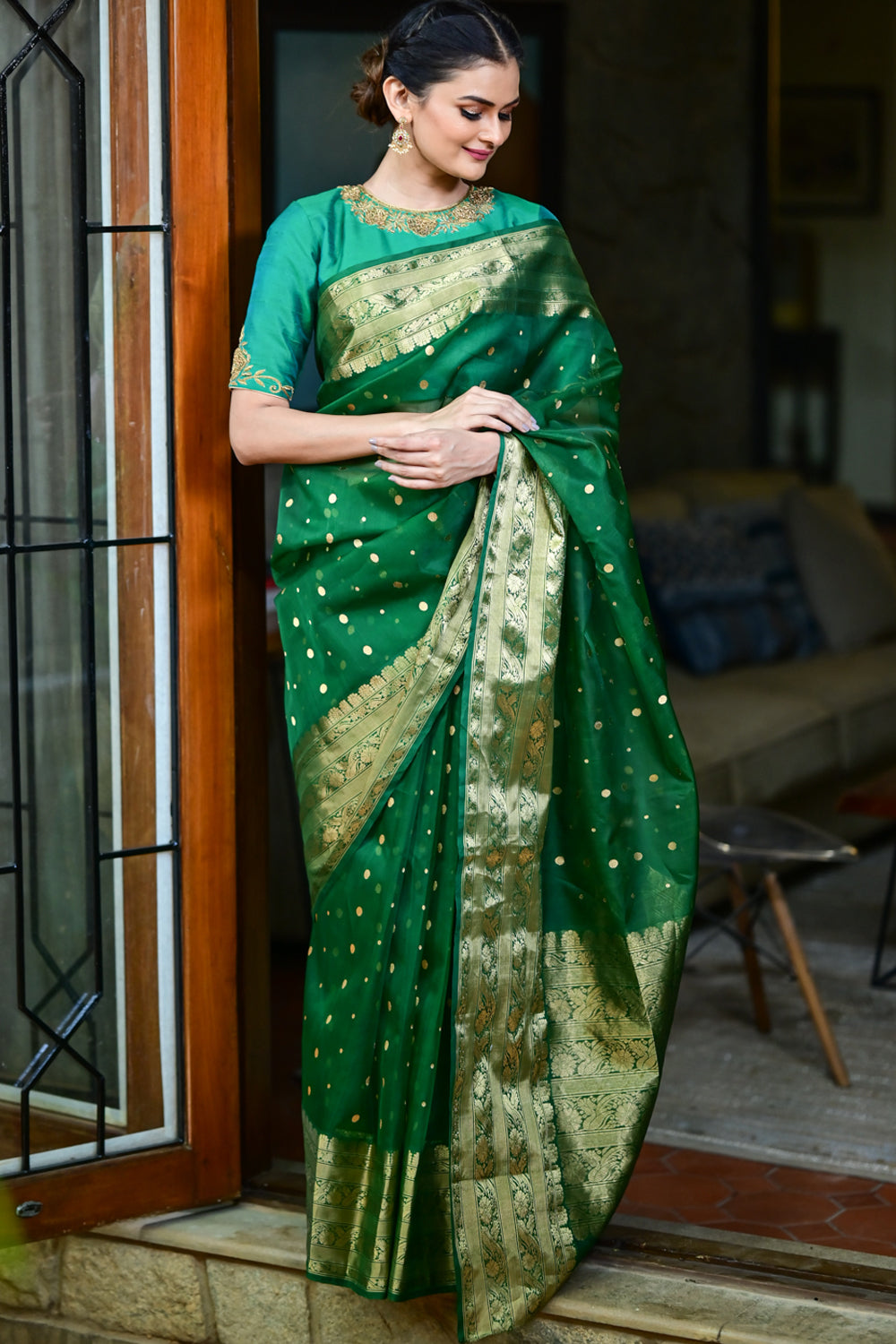 Authentic Emerald Green Chanderi Silk Saree with dense dainty buttas and Wide Zari Buttas