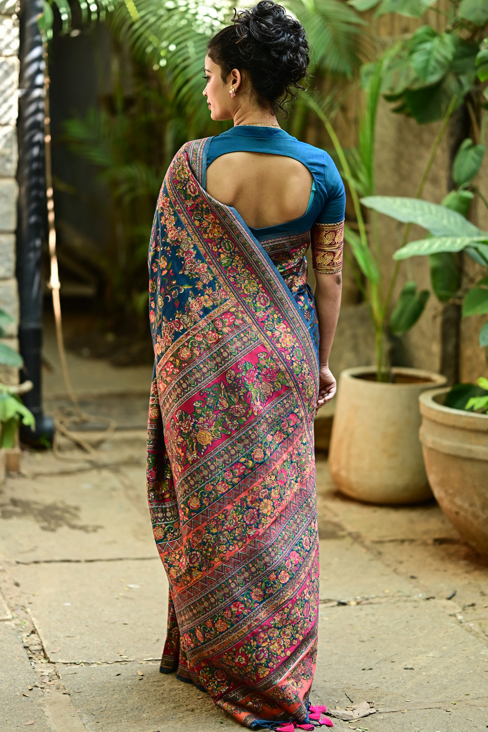 Kani Design with Floral Jaal in blue sapphire and Pink Rayon Saree: PRE-ORDER