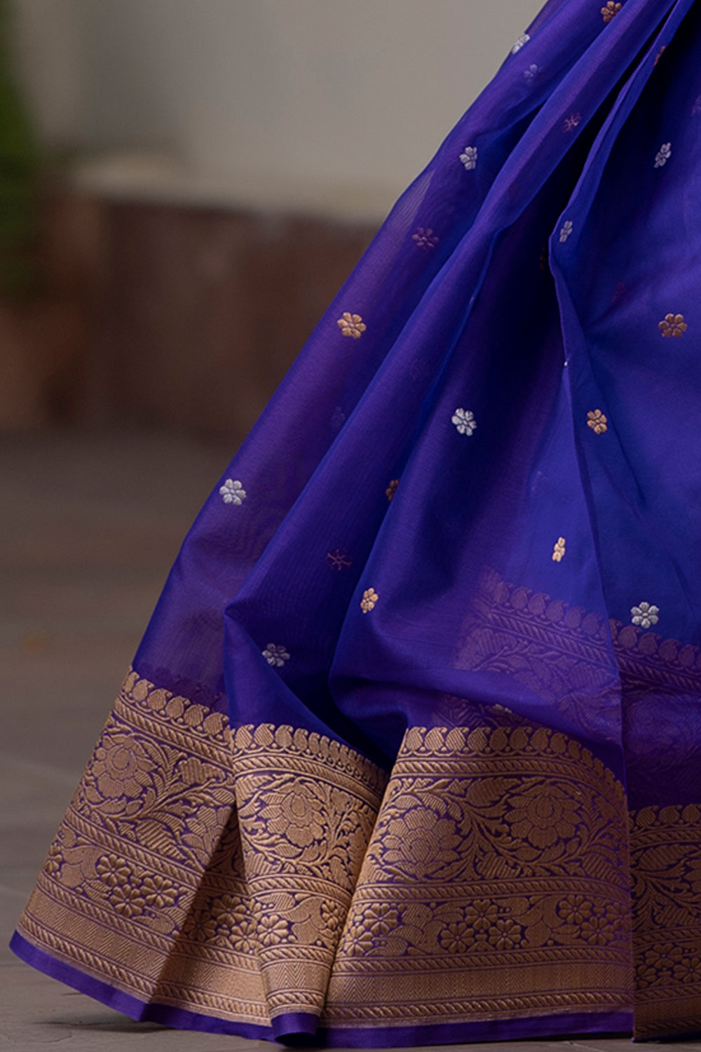 Banarasi Kora Silk Saree in Blue with Gold and Silver Tone Chunri Butis | Silk Mark Certified